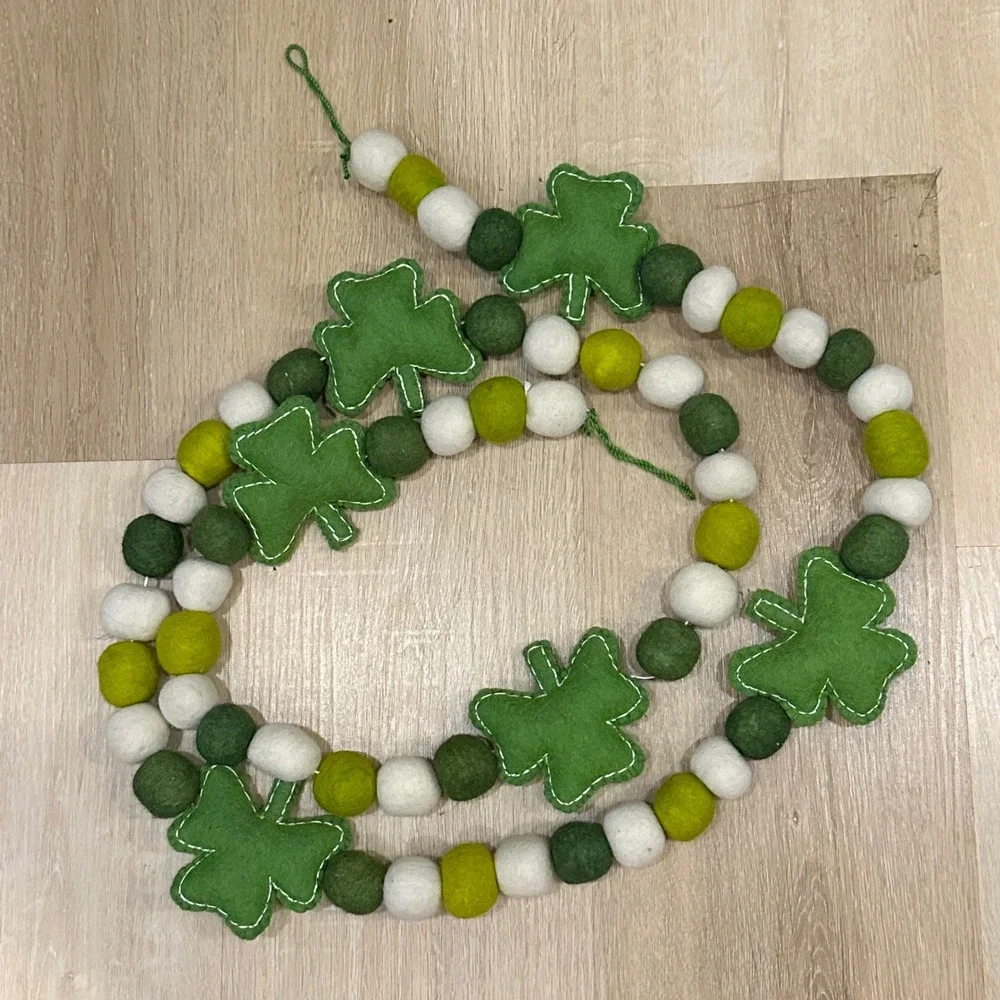 St Patricks Day Shamrock Felt Ball Garland Green White Irish Holiday Decor 7ft